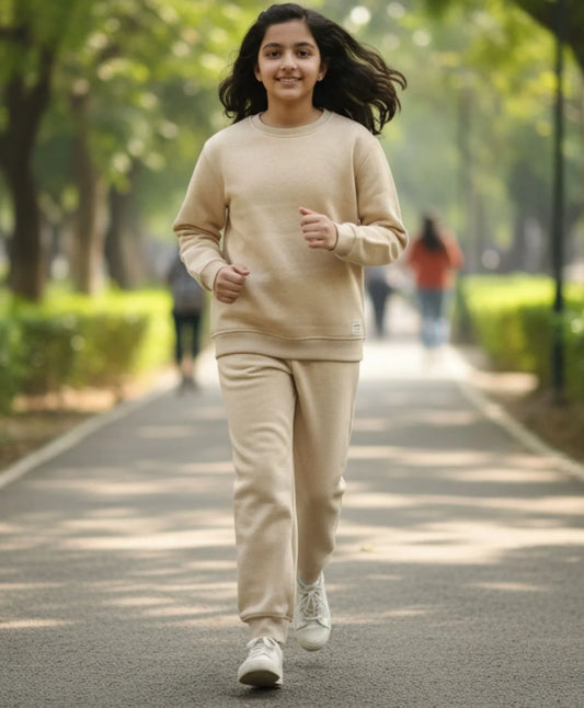 NEW ESSENTIALS GIRLS FLEECE SWEATSHIRT JOGGER SET - BEIGE