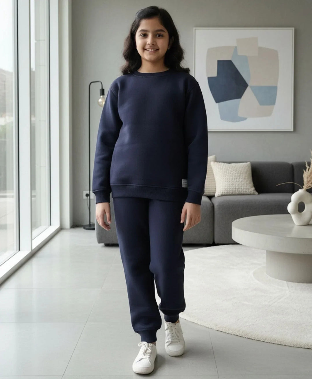 UNBOUND ESSENTIALS GIRLS FLEECE SWEATSHIRT JOGGER SET - NAVY - Anthrilo 