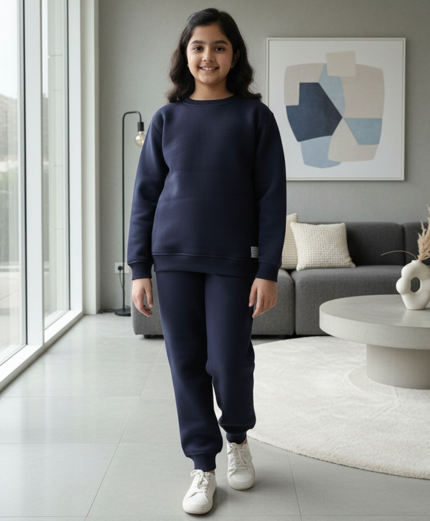 UNBOUND ESSENTIALS GIRLS FLEECE SWEATSHIRT JOGGER SET - NAVY