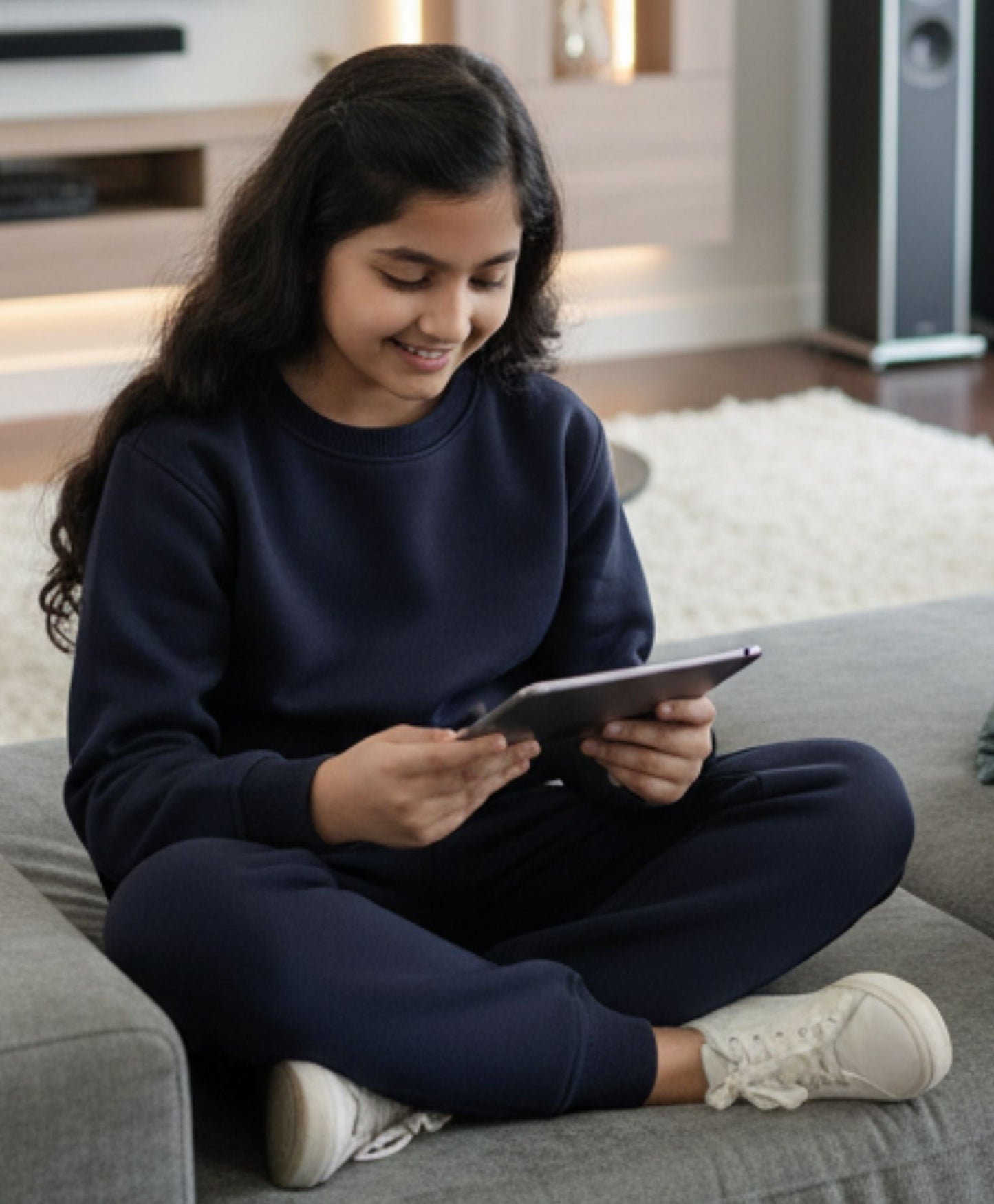 UNBOUND ESSENTIALS GIRLS FLEECE SWEATSHIRT JOGGER SET - NAVY