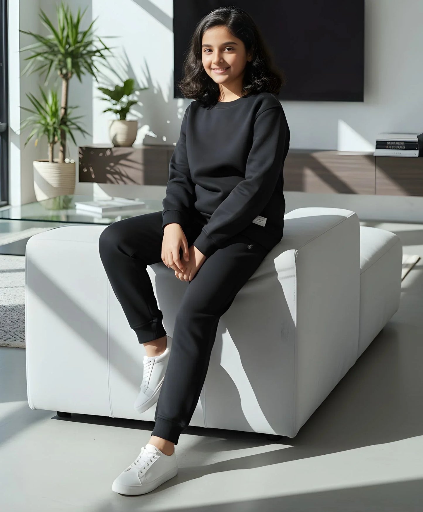 REBEL ESSENTIALS GIRLS FLEECE SWEATSHIRT JOGGER SET - BLACK