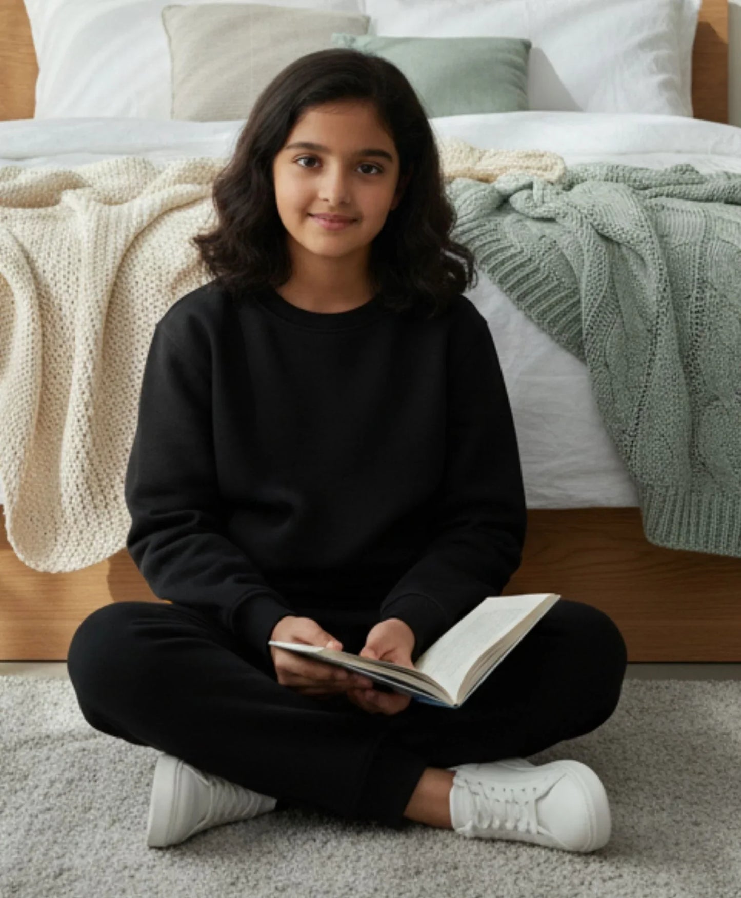 REBEL ESSENTIALS GIRLS FLEECE SWEATSHIRT JOGGER SET - BLACK