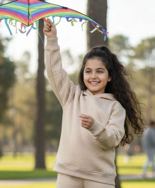 NEW ESSENTIALS GIRLS FLEECE HOODIE - BEIGE
