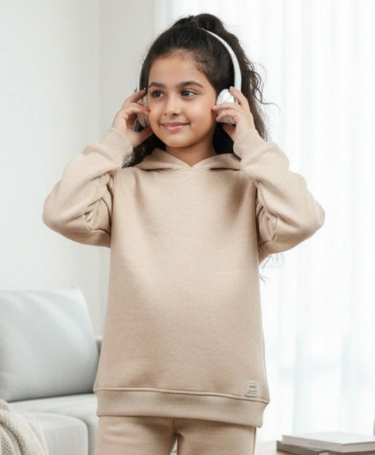 NEW ESSENTIALS GIRLS FLEECE HOODIE - BEIGE