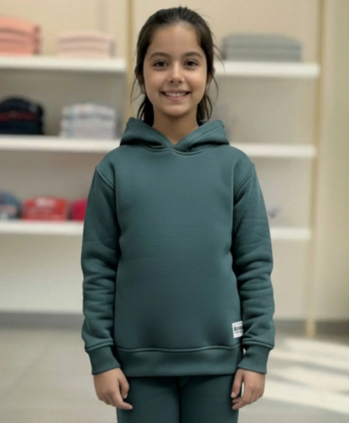 SIMPLE ESSENTIAL GIRLS FLEECE HOODIE - DARK GREEN - Anthrilo 