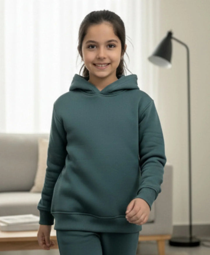 SIMPLE ESSENTIAL GIRLS FLEECE HOODIE - DARK GREEN - Anthrilo 