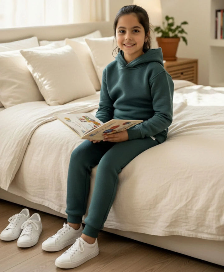 SIMPLE ESSENTIAL GIRLS FLEECE HOODIE - DARK GREEN - Anthrilo 