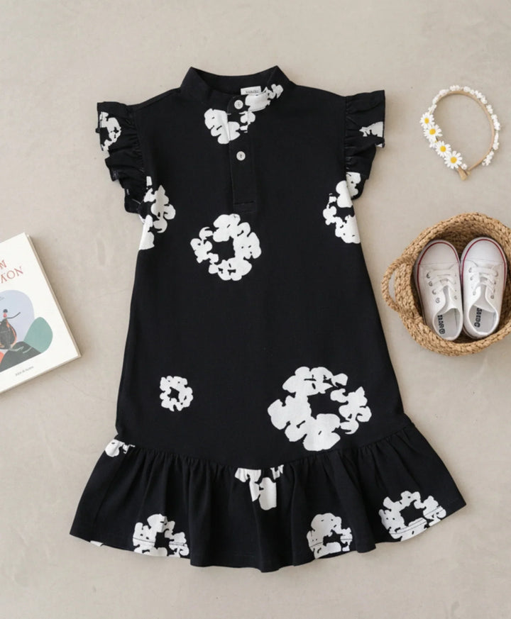 POP BLACK &amp; WHITE FRILL PARTY DRESS - BLACK - Anthrilo 