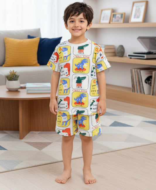 DINOSAUR STAMP BOYS SLEEPWEAR SHORT SET - WHITE