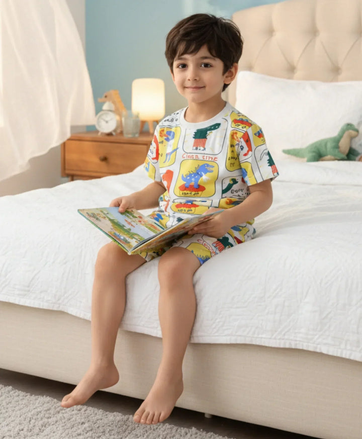 DINOSAUR STAMP BOYS SLEEPWEAR SHORT SET - WHITE - Anthrilo 