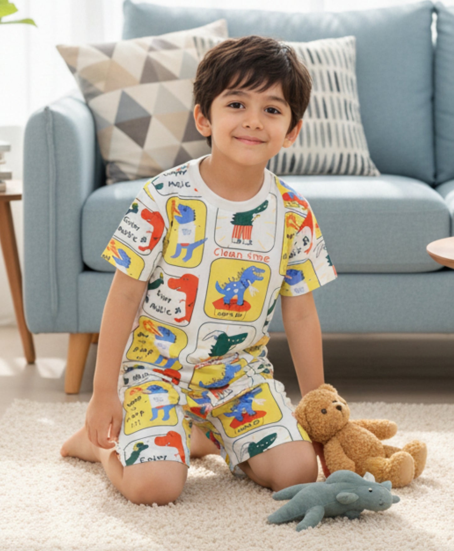 DINOSAUR STAMP BOYS SLEEPWEAR SHORT SET - WHITE