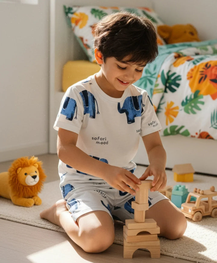 ELEPHANT SAFARI BOYS SLEEPWEAR SHORT SET - WHITE - Anthrilo 