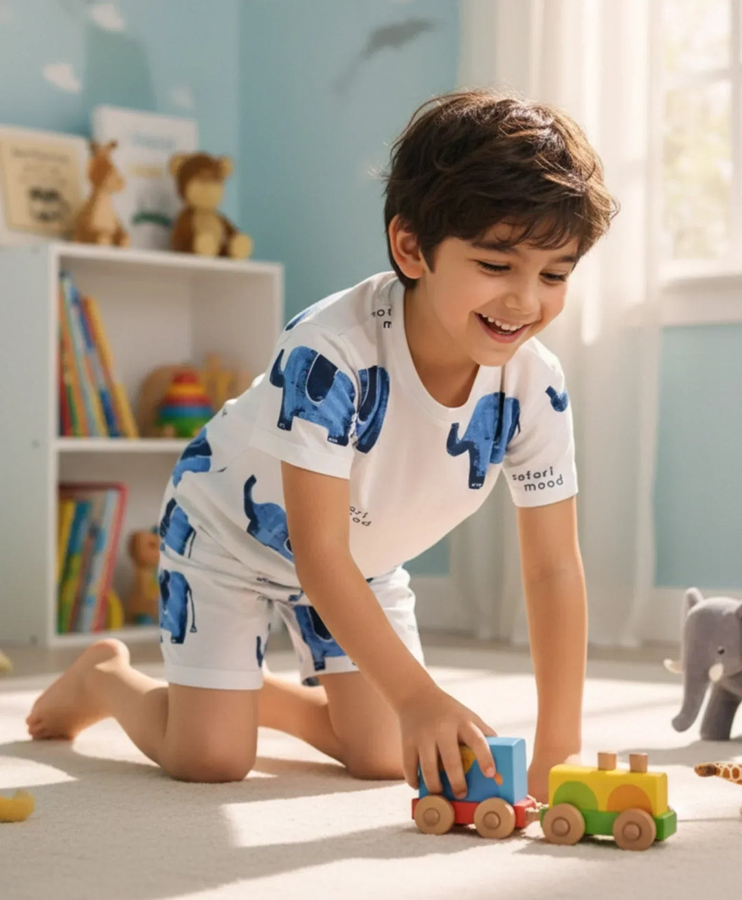 ELEPHANT SAFARI BOYS SLEEPWEAR SHORT SET - WHITE - Anthrilo 