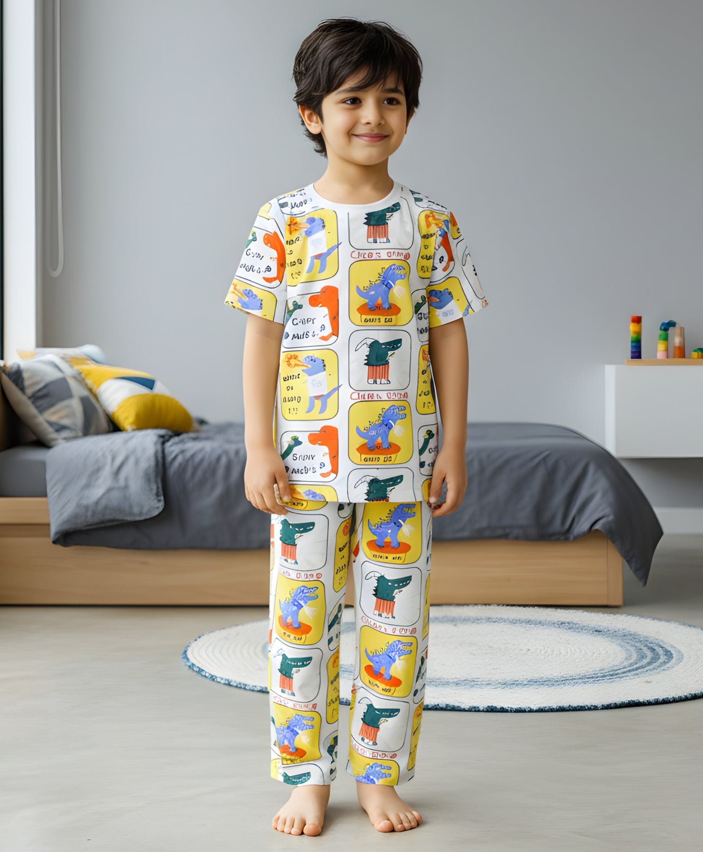 DINOSAUR STAMP SHORT SLEEVE PYJAMA SET - WHITE