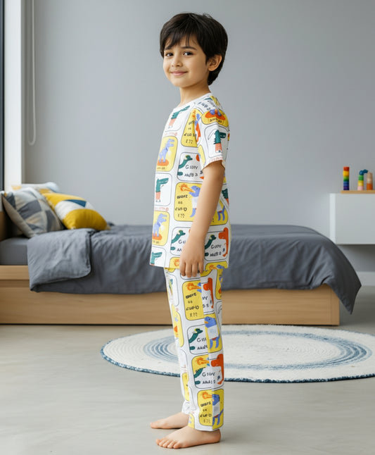 DINOSAUR STAMP SHORT SLEEVE PYJAMA SET - WHITE