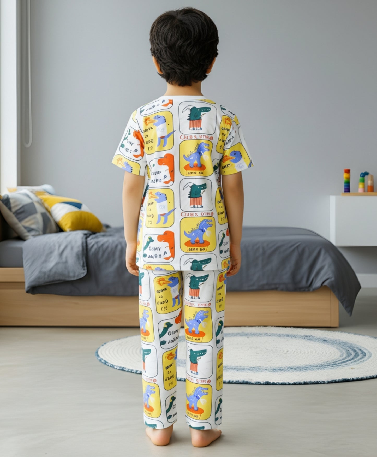 DINOSAUR STAMP SHORT SLEEVE PYJAMA SET - WHITE