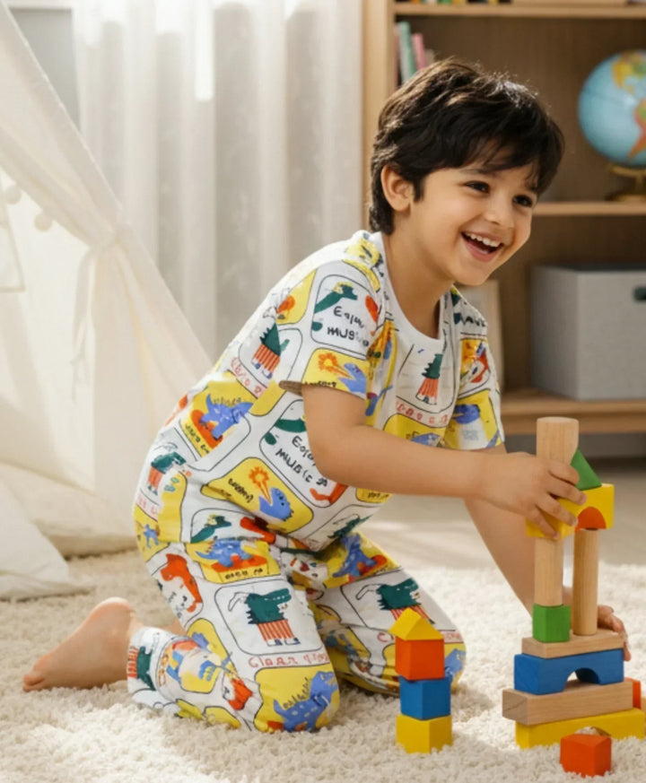 DINOSAUR STAMP SHORT SLEEVE PYJAMA SET - WHITE - Anthrilo 