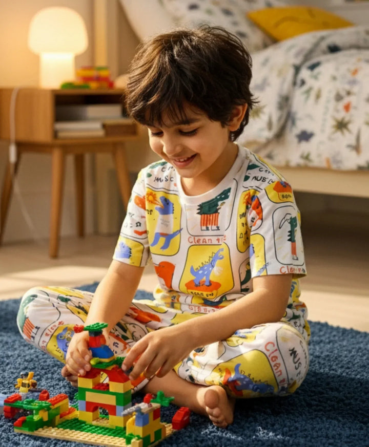 DINOSAUR STAMP SHORT SLEEVE PYJAMA SET - WHITE - Anthrilo 