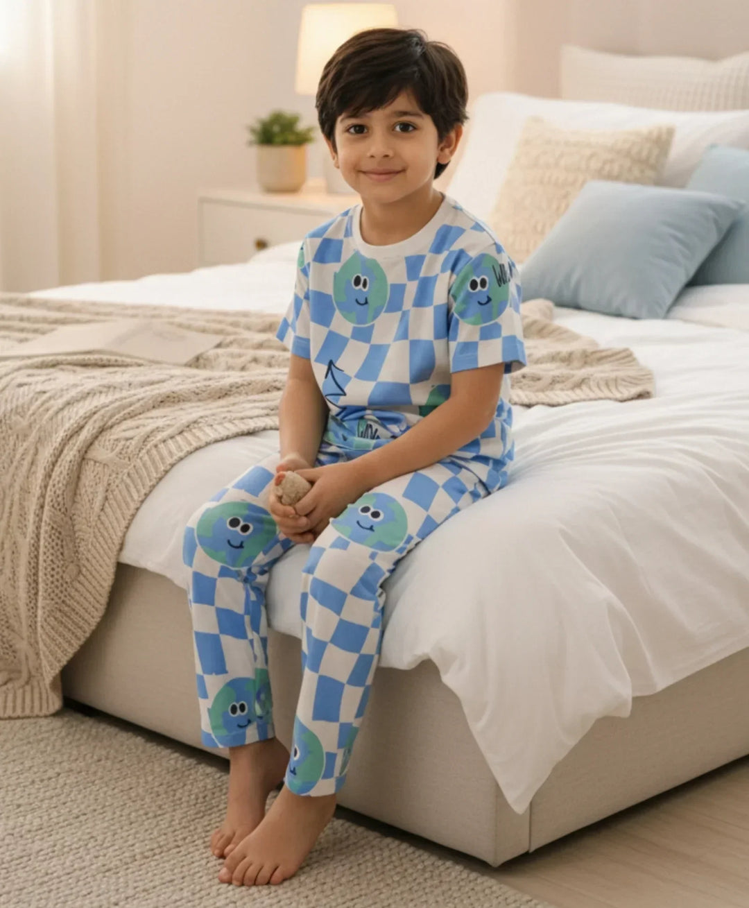 GLOBE CHECK SHORT SLEEVE PYJAMA SET - WHITE - Anthrilo 