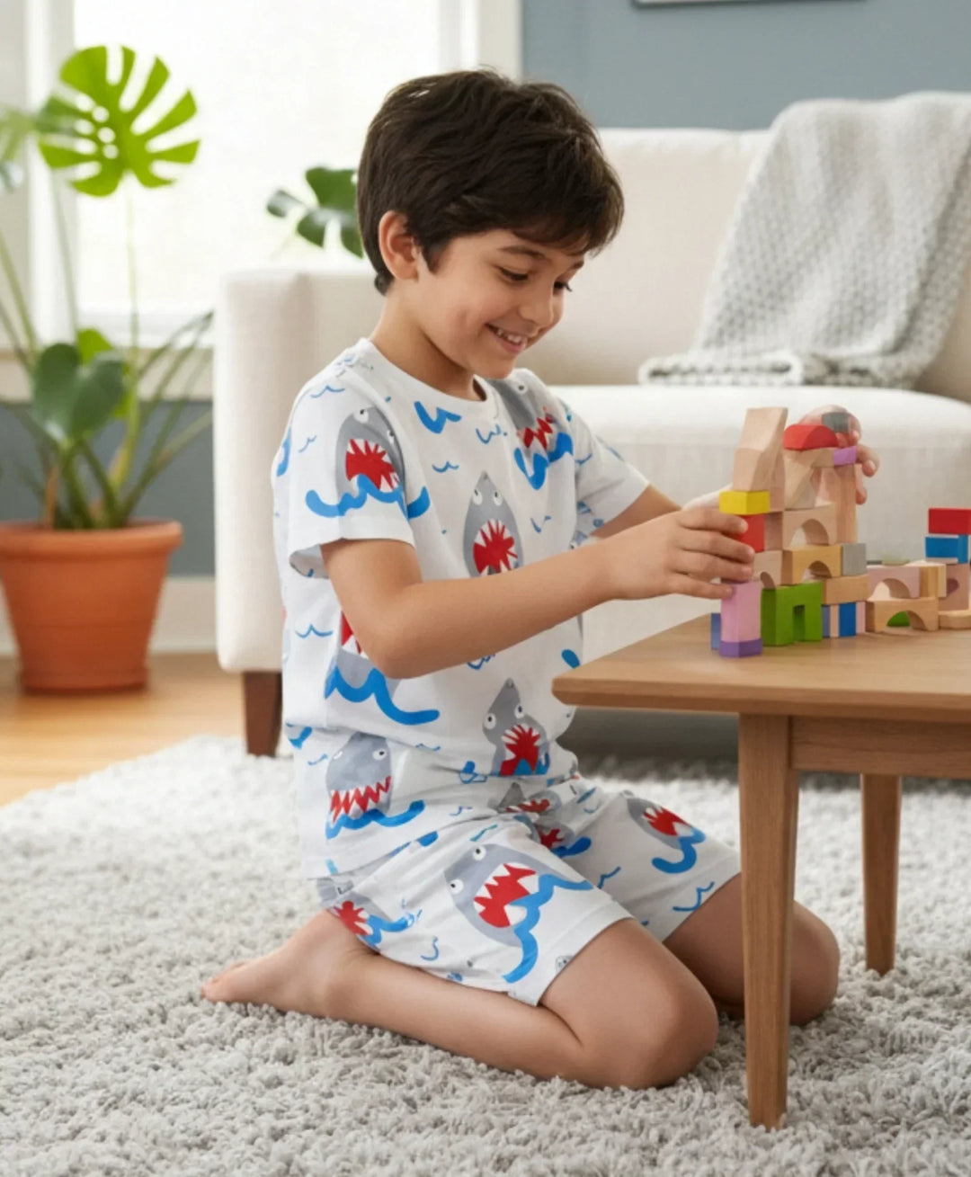 SLEEPY SHARK BOYS SLEEPWEAR SHORT SET - WHITE - Anthrilo 