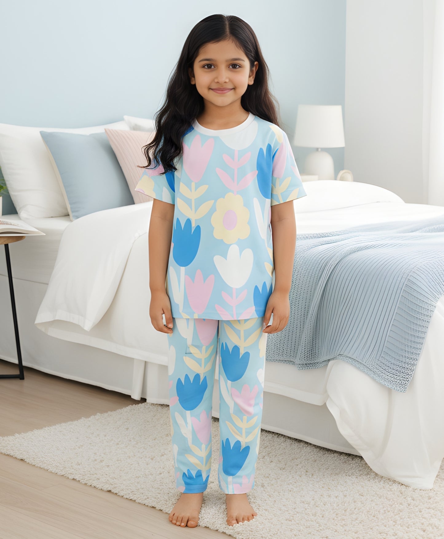 AQUA FLOWER SHORT SLEEVE PYJAMA SET - AQUA