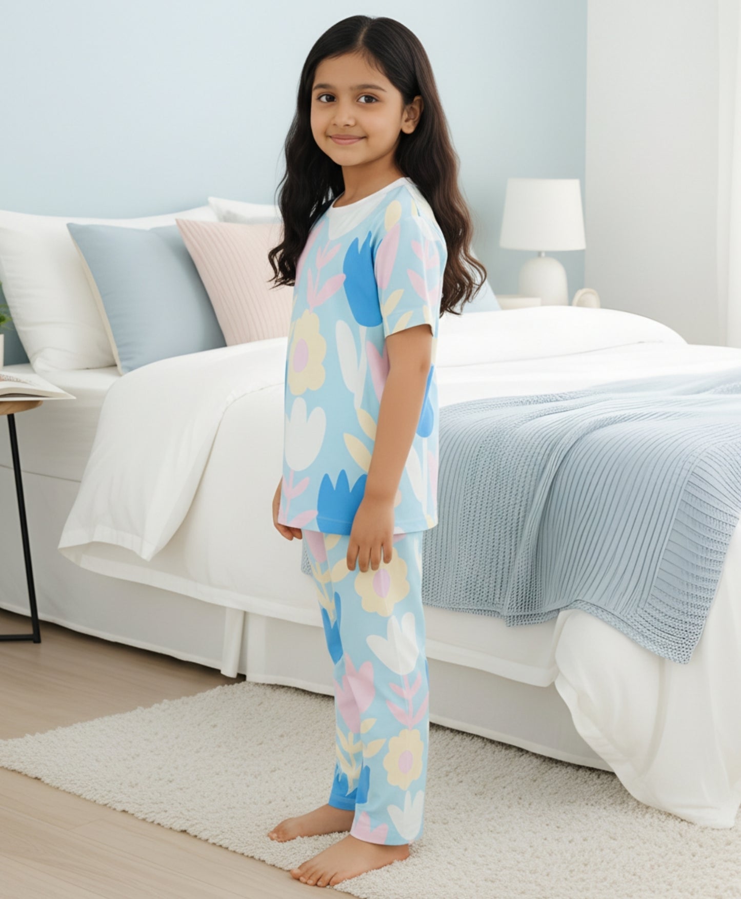 AQUA FLOWER SHORT SLEEVE PYJAMA SET - AQUA