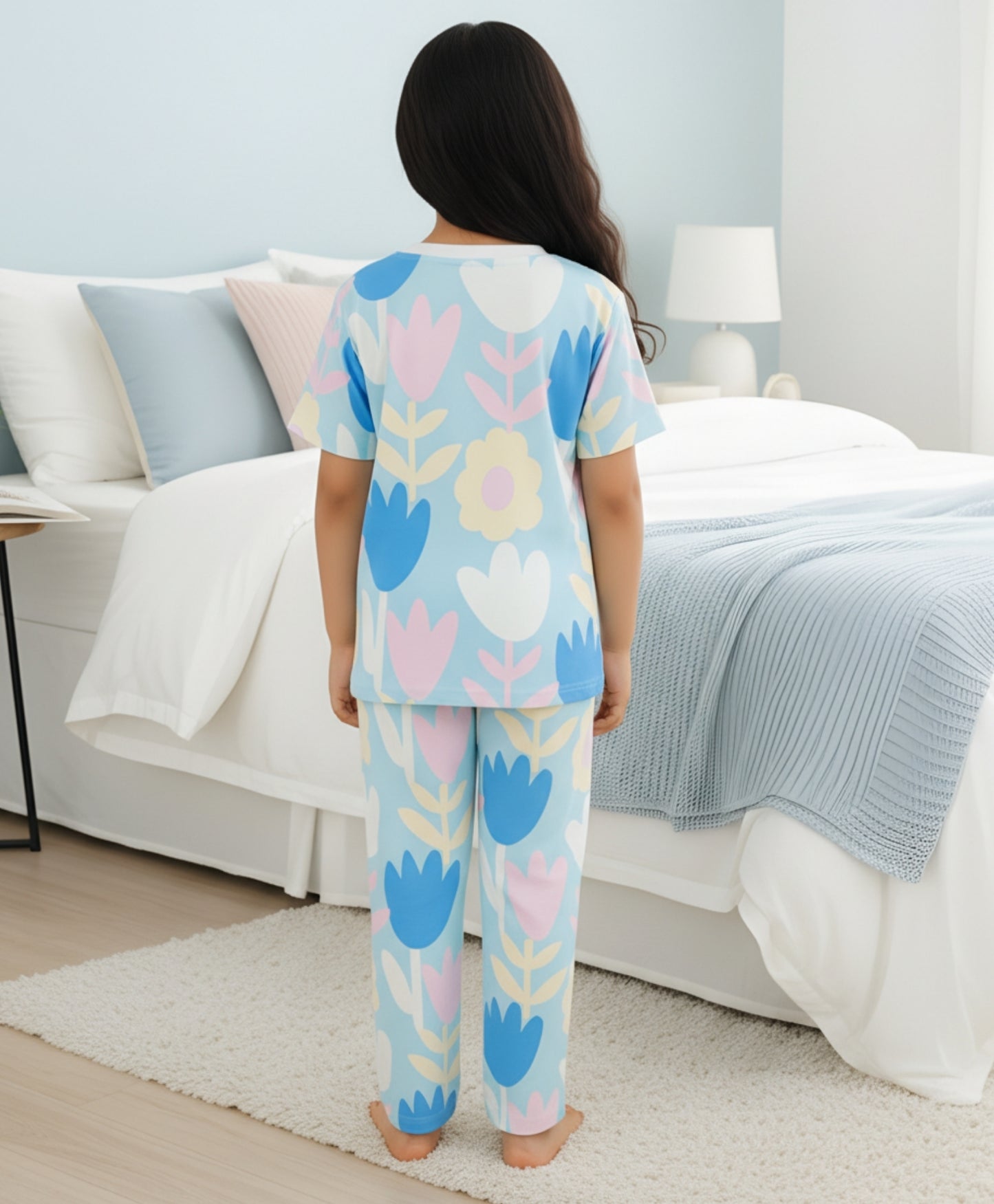 AQUA FLOWER SHORT SLEEVE PYJAMA SET - AQUA