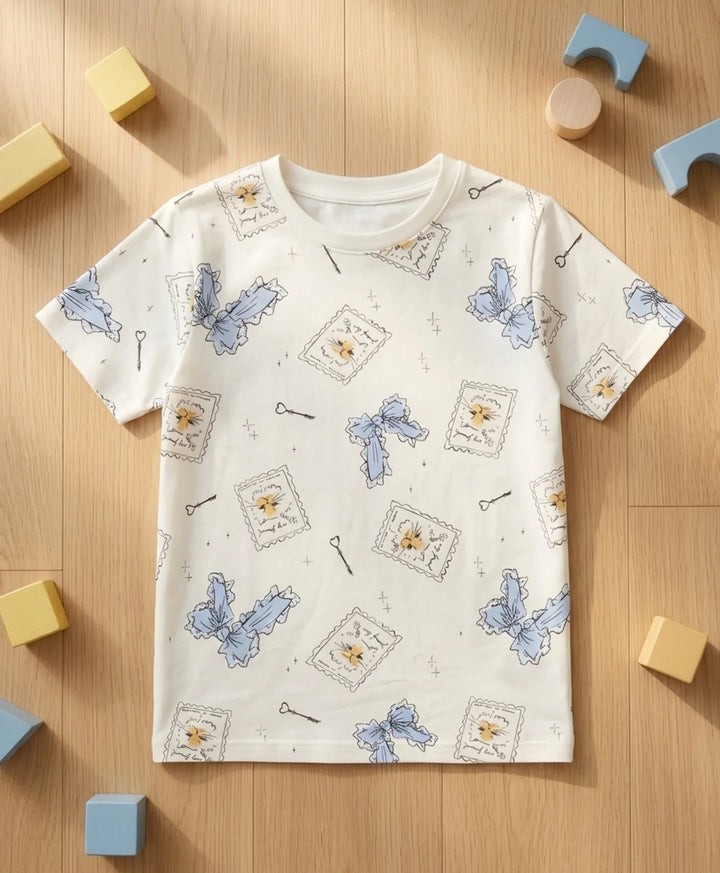BOW KEY CAT SHORT SLEEVE GIRLS T-SHIRT - WHITE