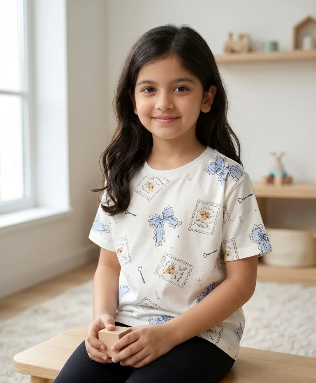 BOW KEY CAT SHORT SLEEVE GIRLS T-SHIRT - WHITE