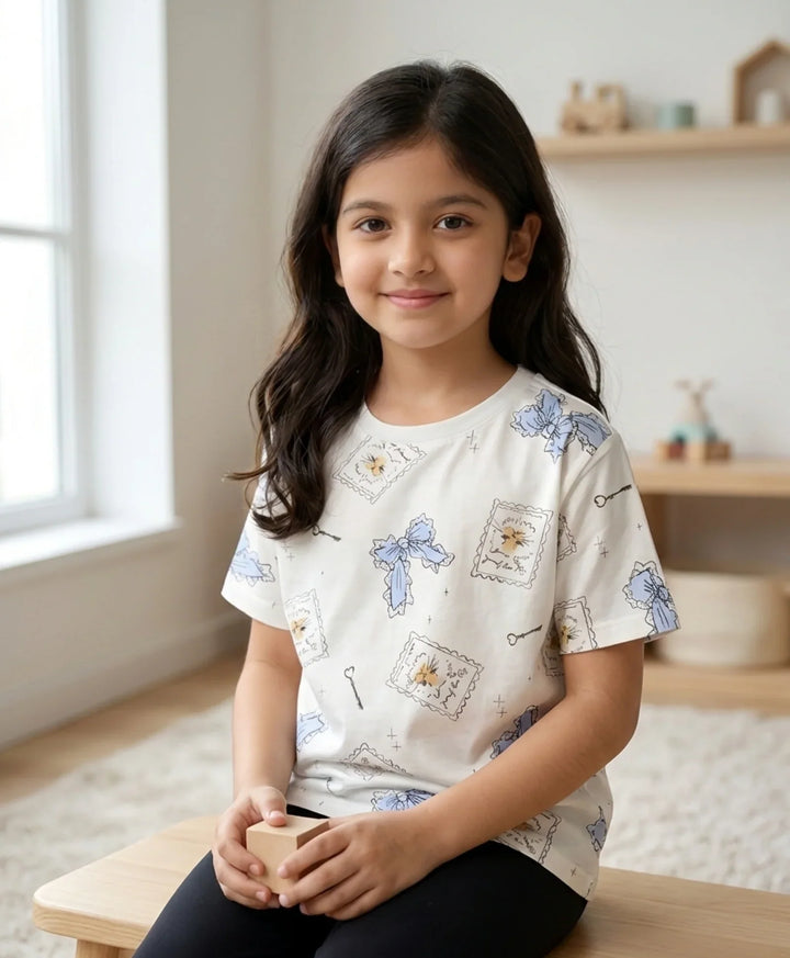 BOW KEY CAT SHORT SLEEVE GIRLS T-SHIRT - WHITE