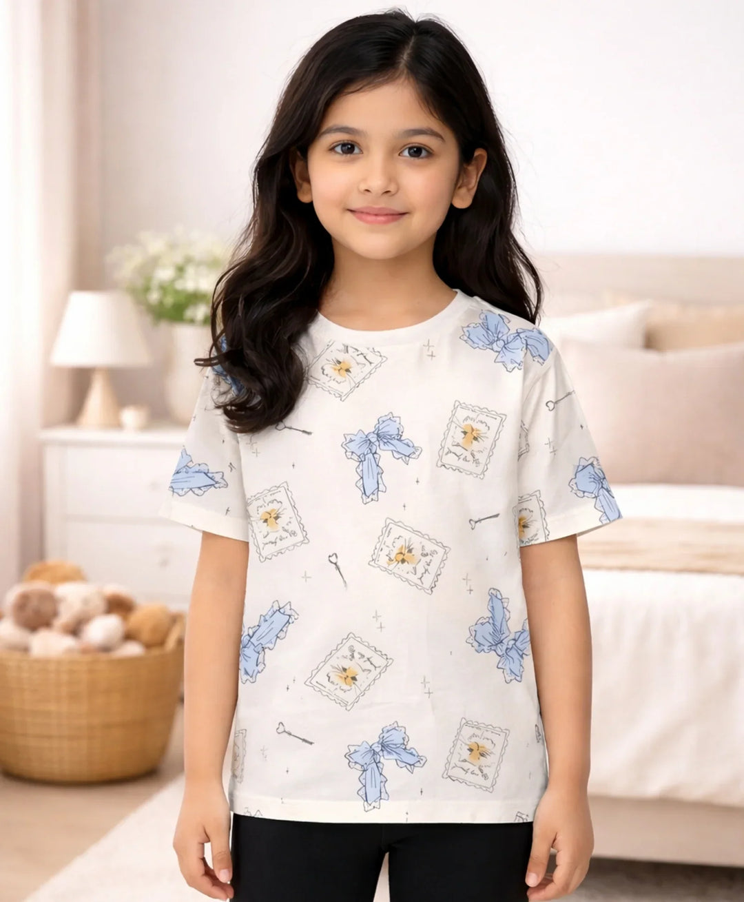 BOW KEY CAT SHORT SLEEVE GIRLS T-SHIRT - WHITE