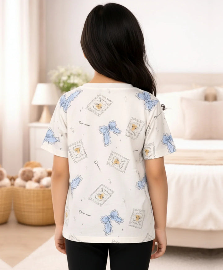 BOW KEY CAT SHORT SLEEVE GIRLS T-SHIRT - WHITE
