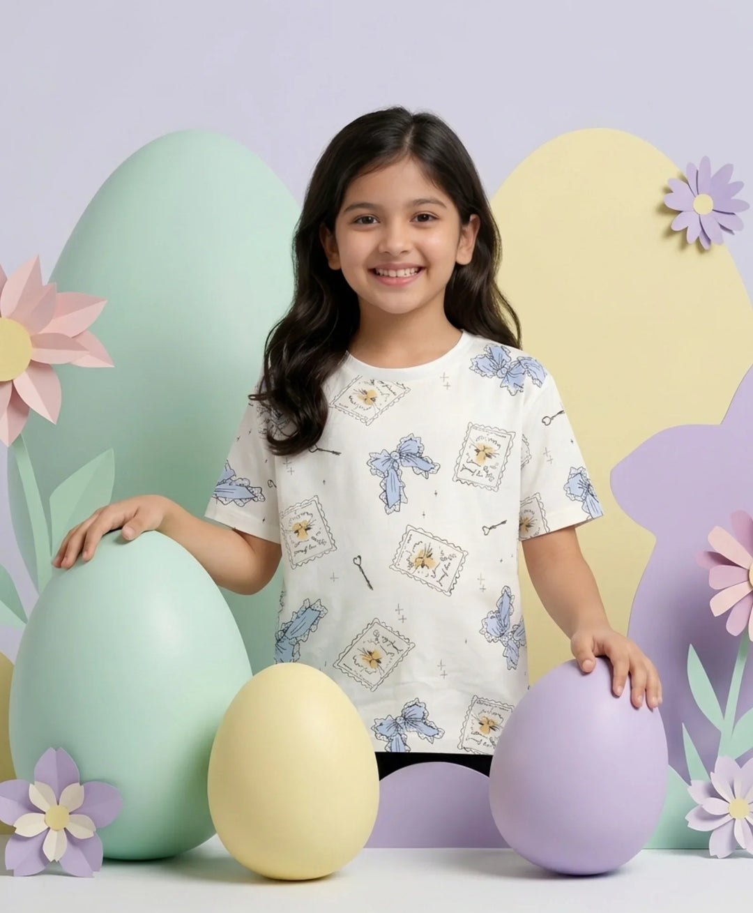BOW KEY CAT SHORT SLEEVE GIRLS T-SHIRT - WHITE