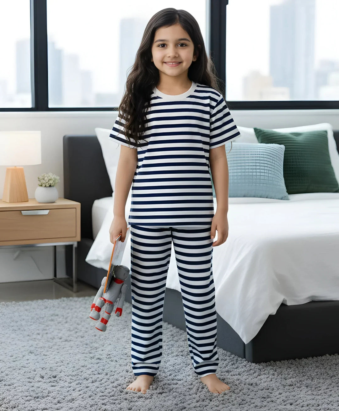 Navy White Stripe Girls Short Sleeve Pyjama Set - Navy/White