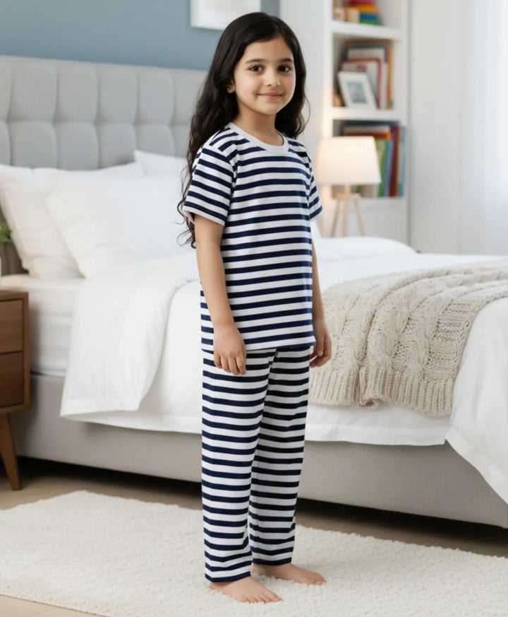 Navy White Stripe Short Sleeve Pyjama Set - Navy/White