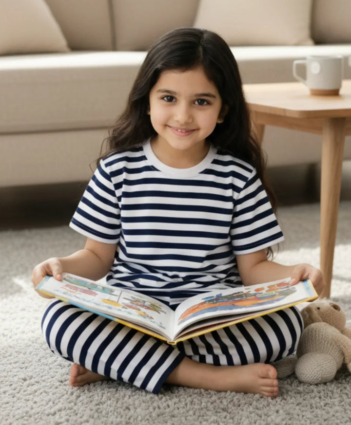 Navy White Stripe Girls Short Sleeve Pyjama Set - Navy/White