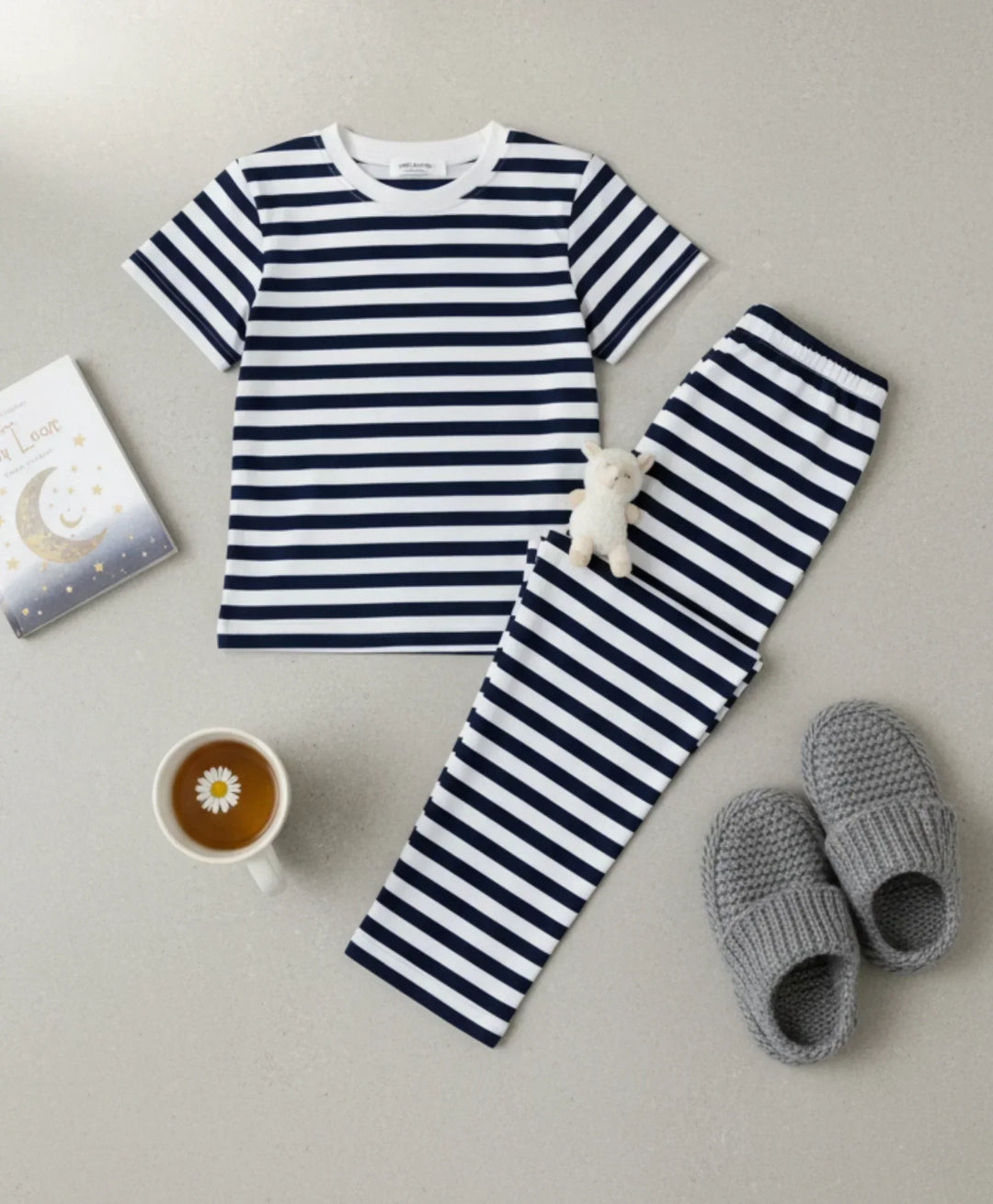 Navy White Stripe Girls Short Sleeve Pyjama Set - Navy/White