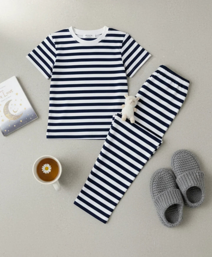 Navy White Stripe Girls Short Sleeve Pyjama Set - Navy/White