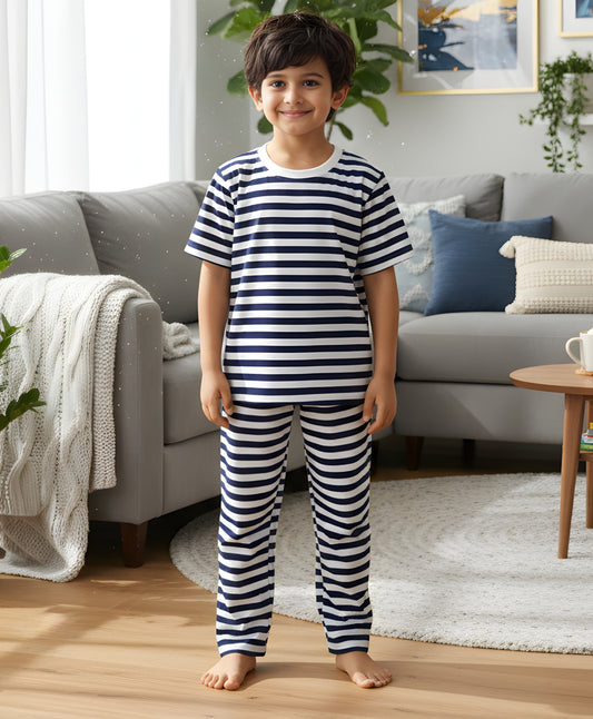 NAVY WHITE STRIPE SHORT SLEEVE PYJAMA SET - NAVY/WHITE - Anthrilo 