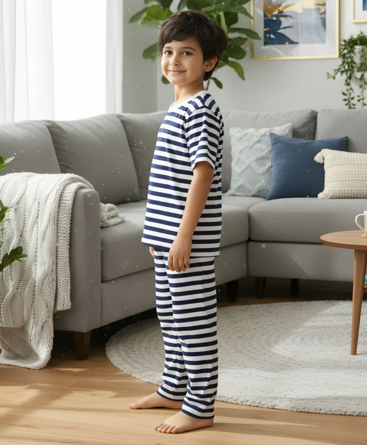 NAVY WHITE STRIPE SHORT SLEEVE PYJAMA SET - NAVY/WHITE - Anthrilo 