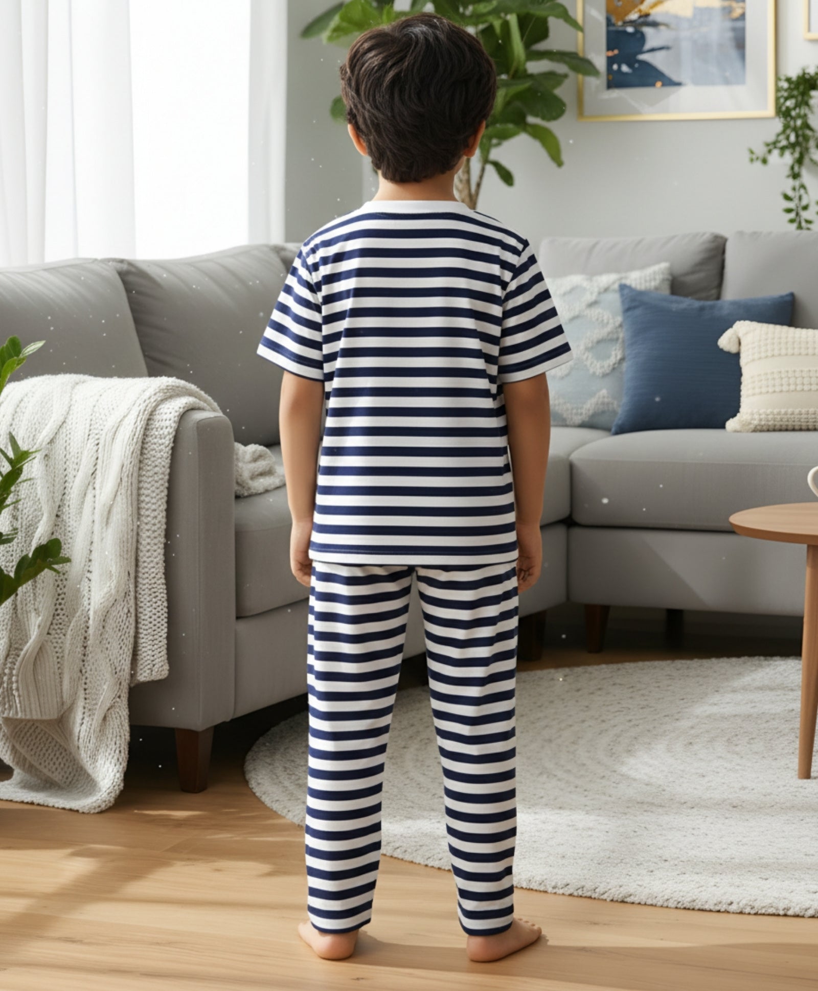 NAVY WHITE STRIPE SHORT SLEEVE PYJAMA SET - NAVY/WHITE - Anthrilo 