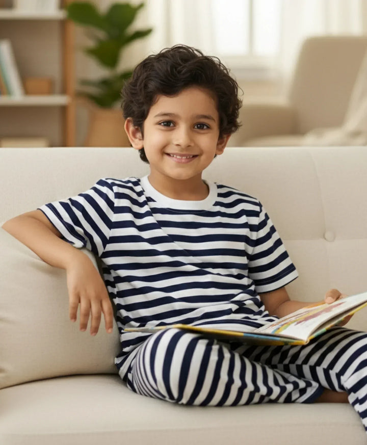 NAVY WHITE STRIPE SHORT SLEEVE PYJAMA SET - NAVY/WHITE - Anthrilo 