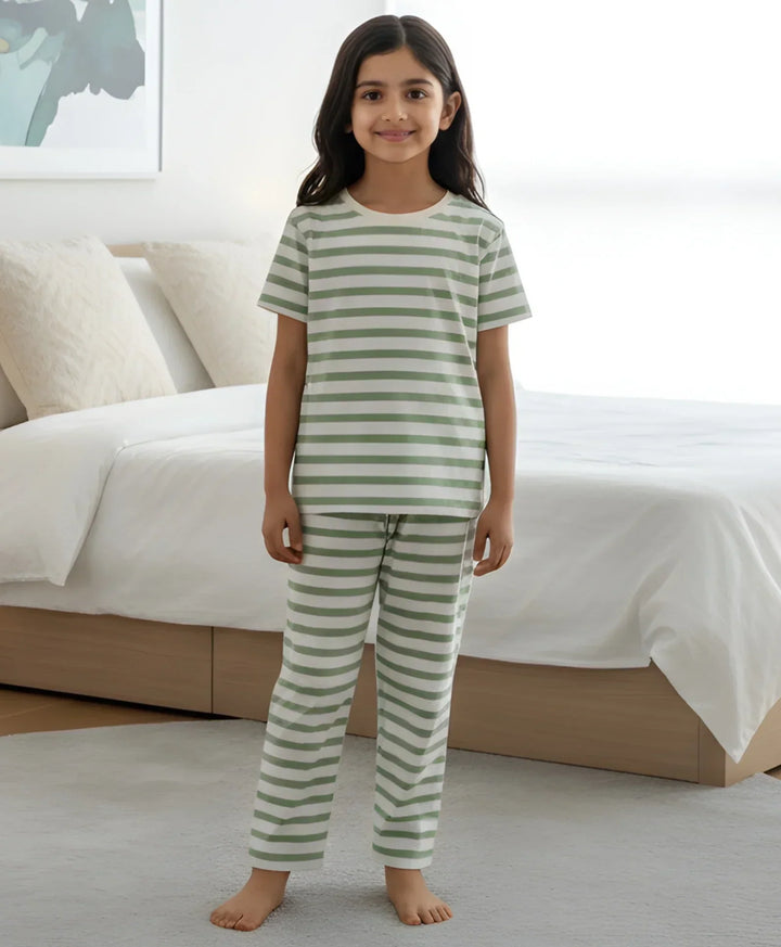 Green White Stripe Girls Short Sleeve Pyjama Set - Green/White