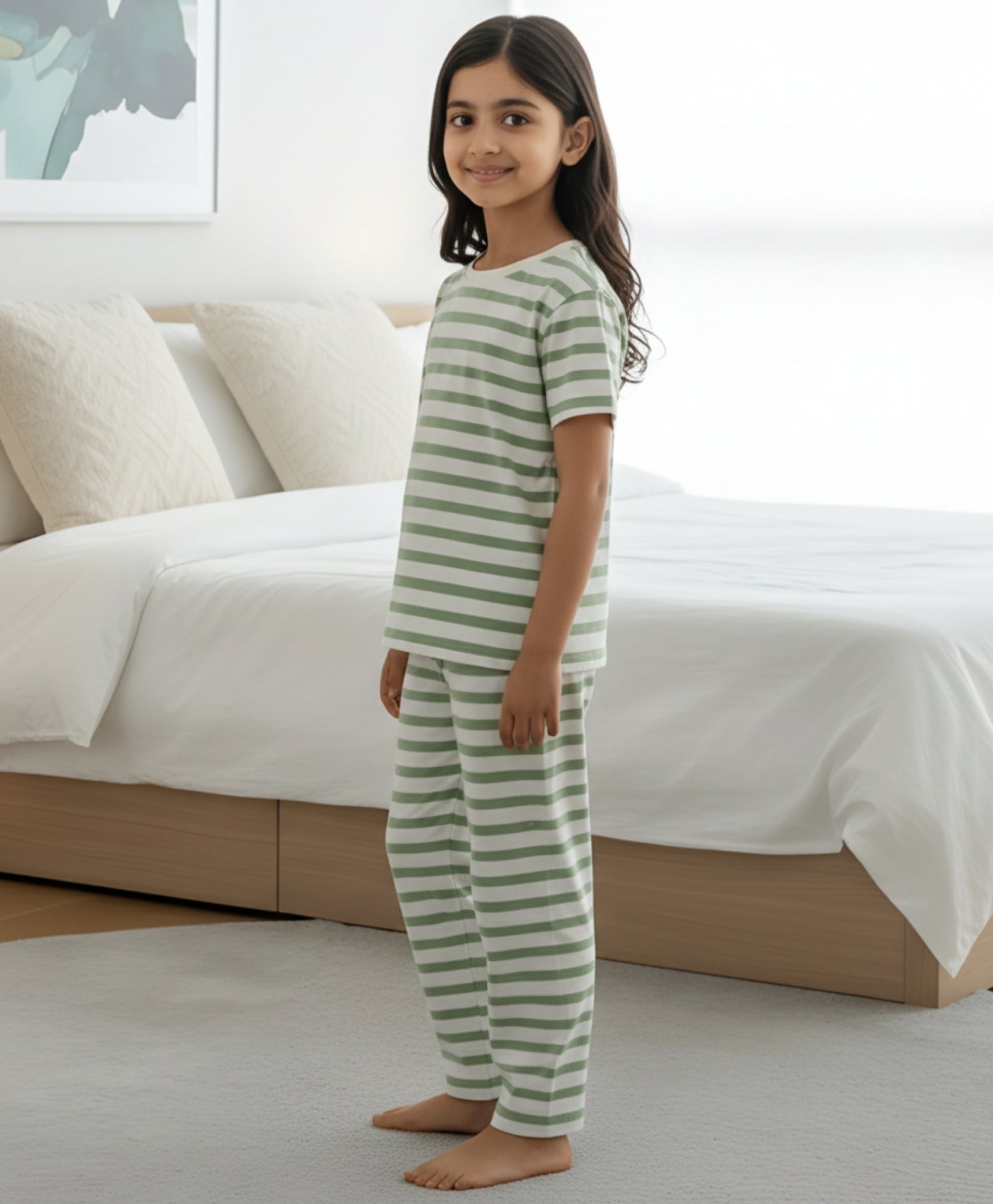 GREEN WHITE STRIPE GIRLS SHORT SLEEVE PYJAMA SET - GREEN/WHITE