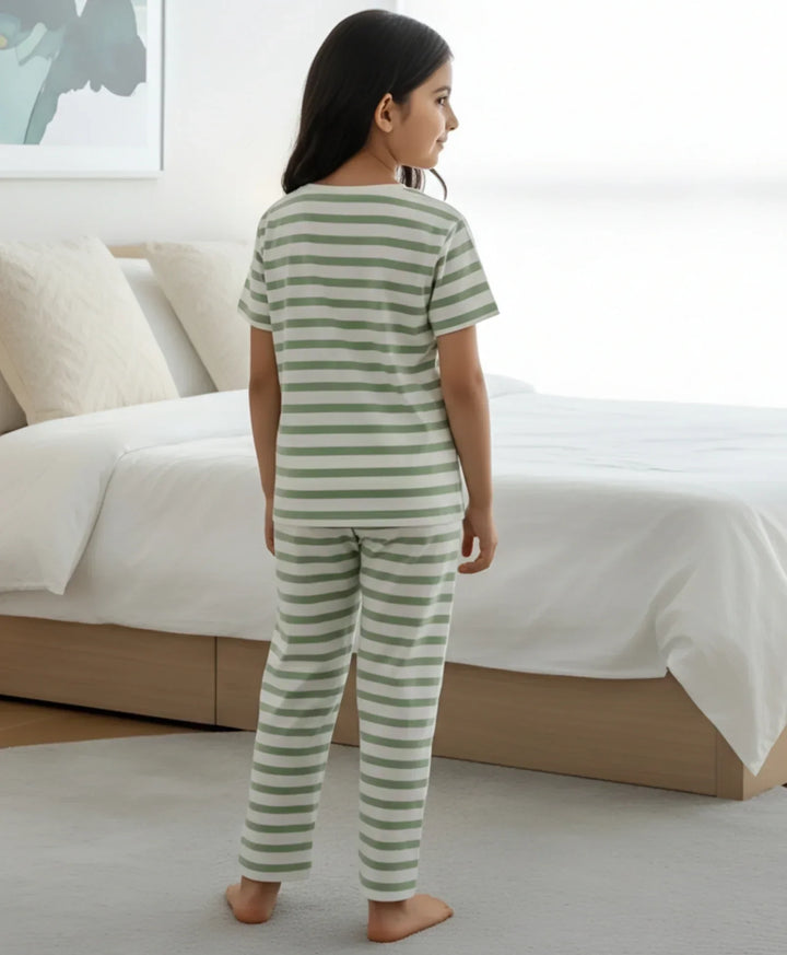 Green White Stripe Girls Short Sleeve Pyjama Set - Green/White