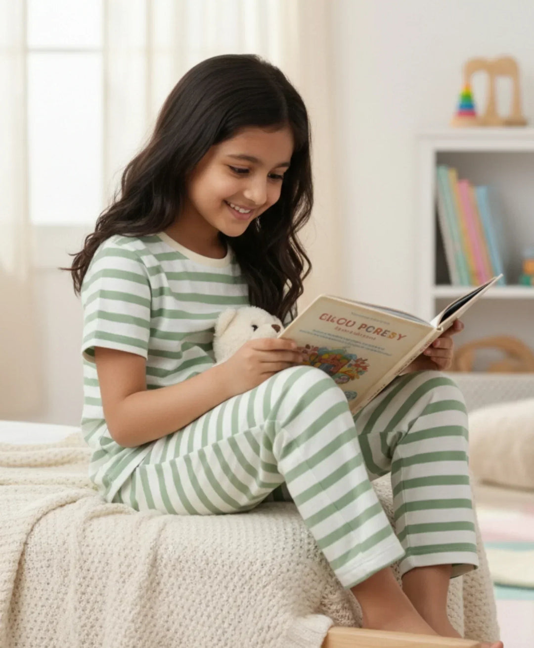 Green White Stripe Girls Short Sleeve Pyjama Set - Green/White