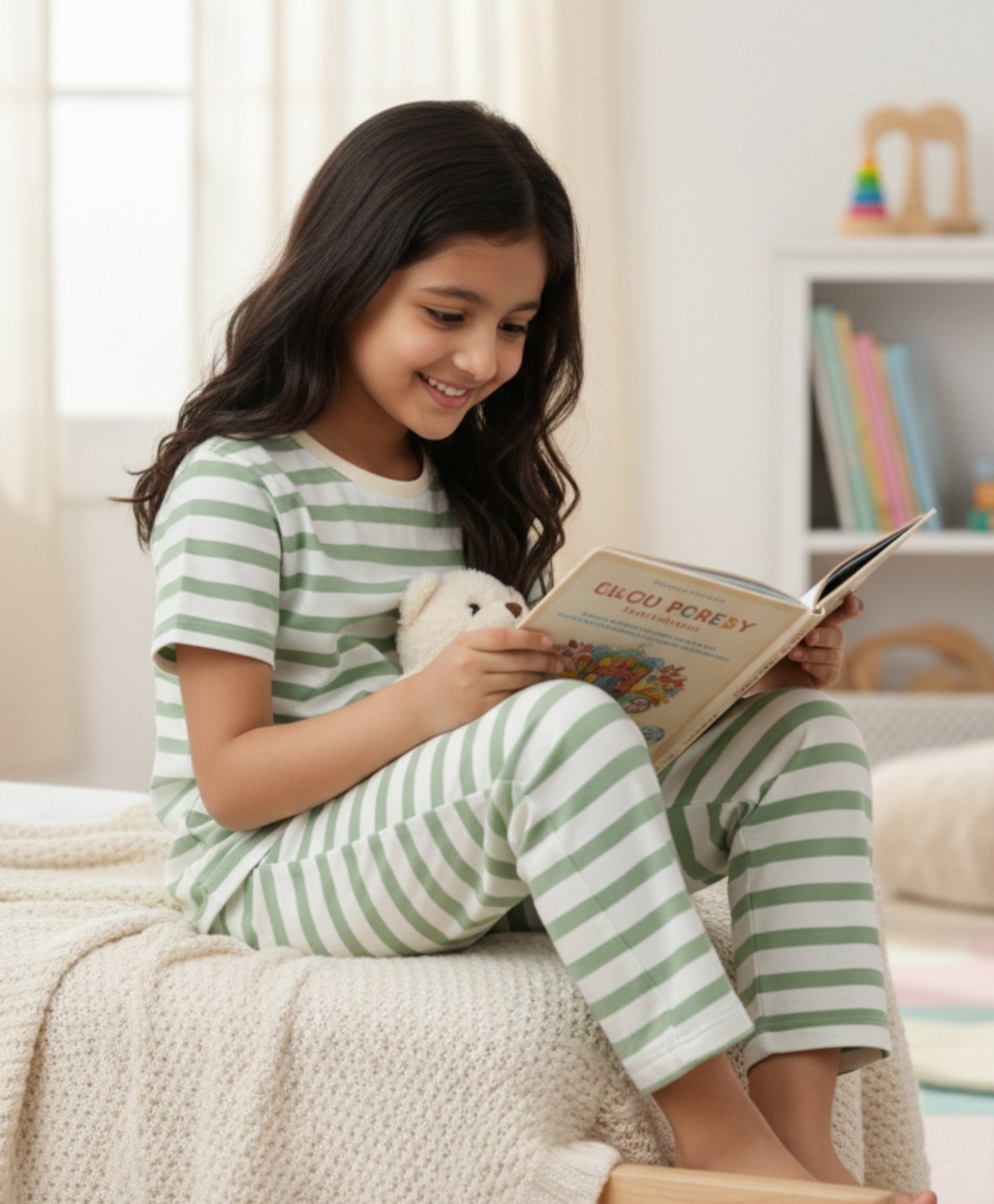 GREEN WHITE STRIPE GIRLS SHORT SLEEVE PYJAMA SET - GREEN/WHITE