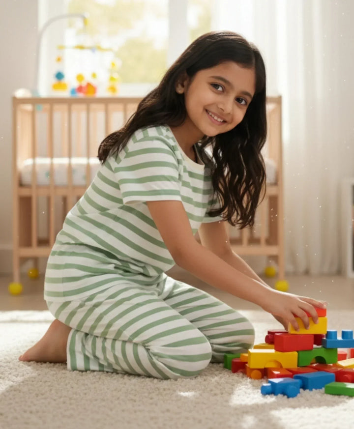 Green White Stripe Girls Short Sleeve Pyjama Set - Green/White
