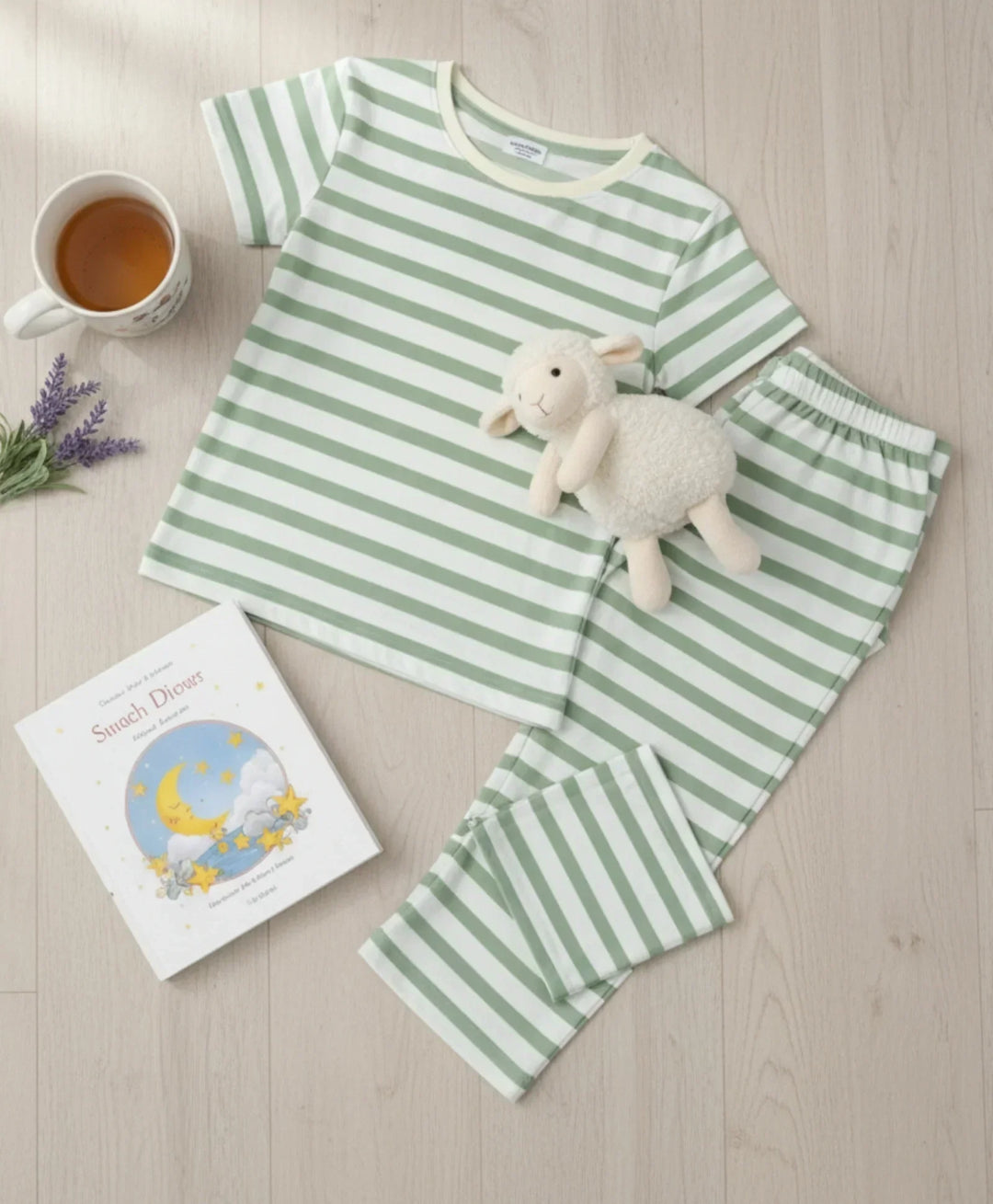 Green White Stripe Girls Short Sleeve Pyjama Set - Green/White