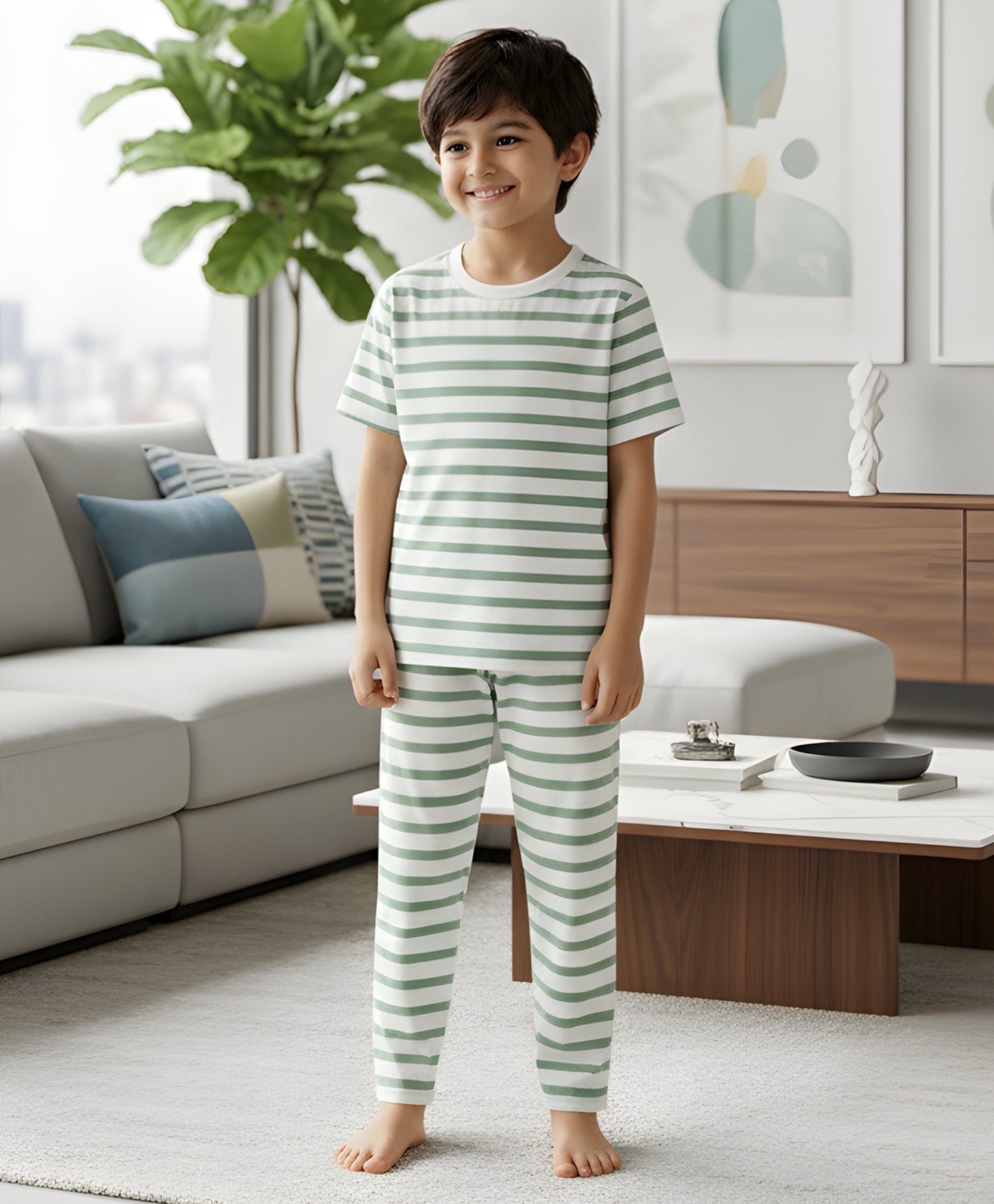 GREEN WHITE STRIPE SHORT SLEEVE PYJAMA SET - GREEN/WHITE